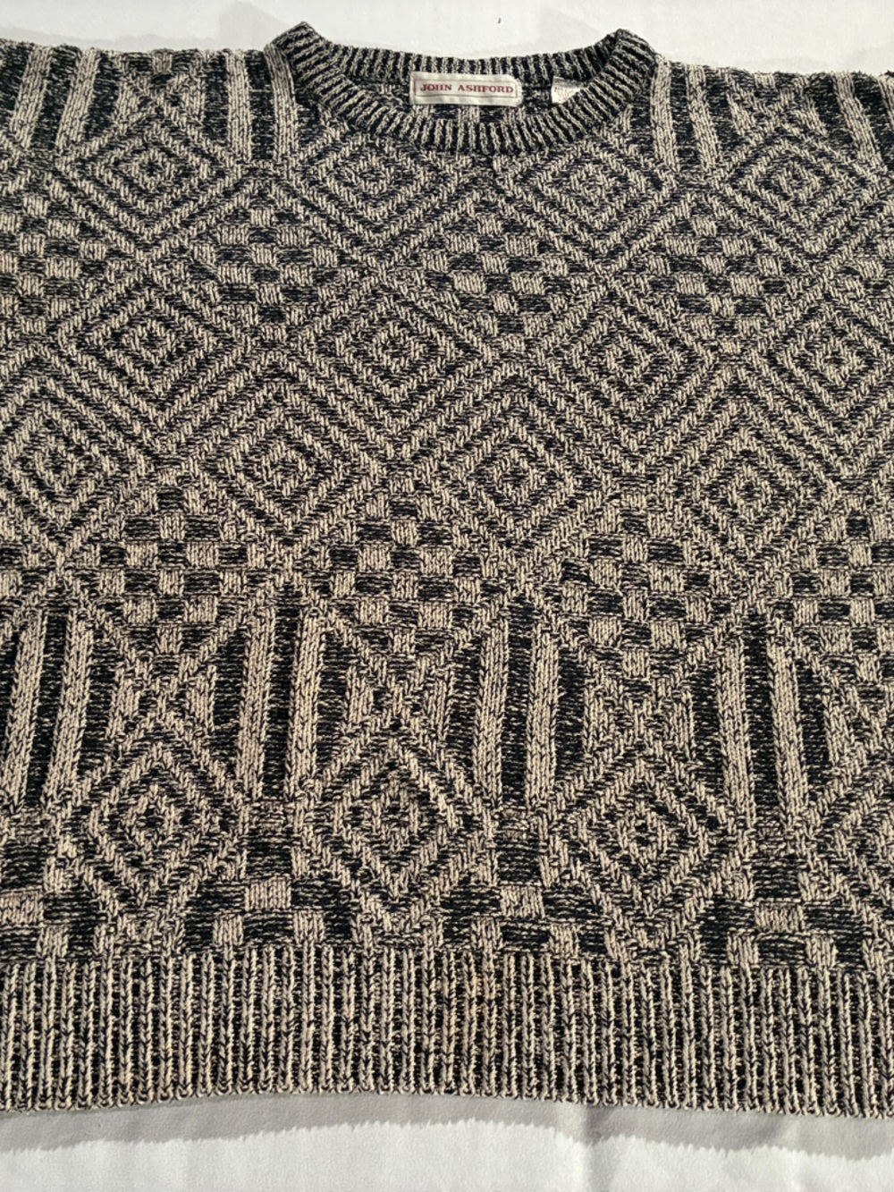 John Ashford Black and Cream Geometric Crewneck Sweater